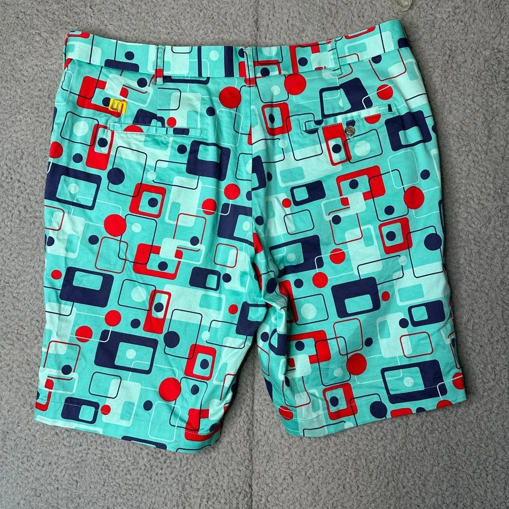 Loudmouth Golf Mens 40 Shorts Teal Blue Retro Geometric Mid Century Modern Print